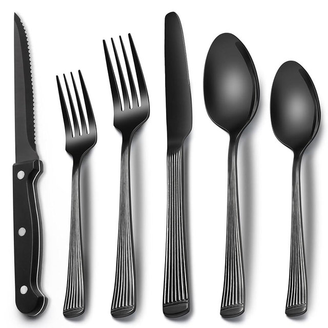 Black Hammered Silverware Set With Steak Knives, 24-Piece Stainless Steel Roman Column Flatware for 4, Food-Grade Tableware Cutlery, Utensil Set for Home Restaurant, Mirror Finish