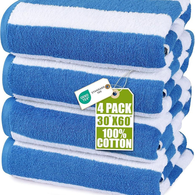 Utopia Towels 4 Pack Cabana Stripe Beach Towel, 30 by 60 Inches, Oversized 100% Ring Spun Cotton Pool Towels, Highly Absorbent Quick Dry Bath Towels for Beach, and Swim, Blue