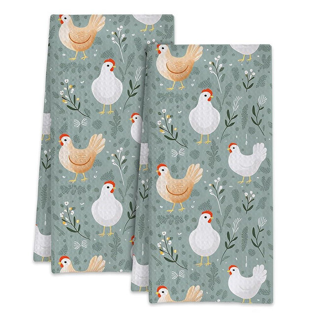 BLYKVGHQ Chicken and Flowers Kitchen Dish Towels,Farmhouse Hand Towels 16x24 Inch Decorative Absorbent Dish Cloth for Cooking Baking Cleaning Bathroom Decor Set of 2