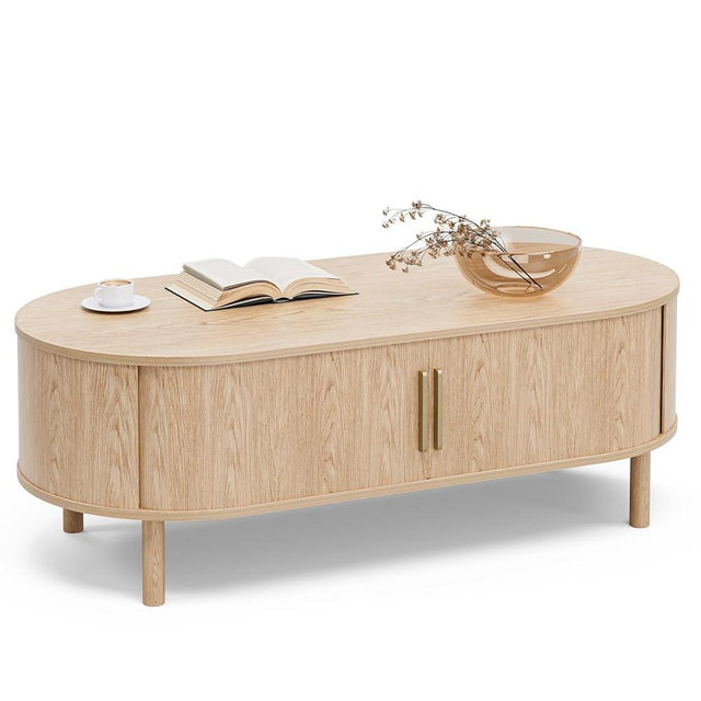 ZttRiee Coffee Table for Living Room, Modern Oval Coffee Table with Cabinets & Sliding Doors, Home Small Space, 47.2" Fluted Center Table, Natual
