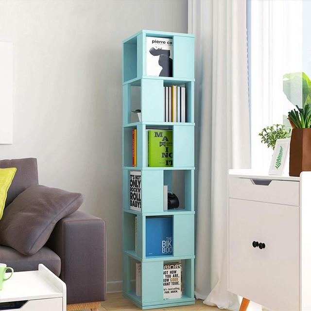 Rotating Bookshelf,4HOMART Floor Rack Simple Bookcase Student Multi-Function Creative Bookshelf for Living Room (Blue)