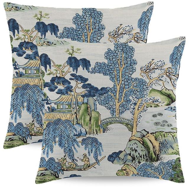 Wsunsal Chinoiserie Pillow Covers 20x20 Inch Set of 2, Asian Scenic Blue and Kelly Green Throw Pillows Farmhouse Chinoiserie Decorative Pillowcase Linen Cushion Cover for Home Sofa Bedroom Outdoor