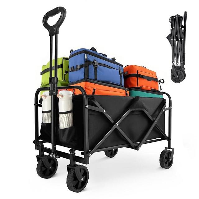 Collapsible Wagon 220 lbs, Heavy Duty Wagons Carts Foldable, Portable Wagon for Groceries, Beach Cart with All-Terrain Wheels & Drink Holders, Wagon Cart for Shopping, Sports, Outdoor Camping, Black