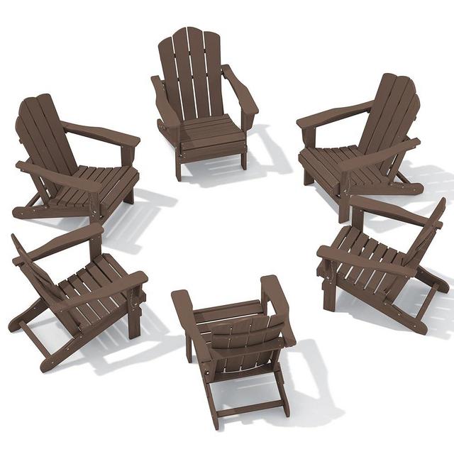 KINGYES Folding Adirondack Chair Set of 6, HDPE All-Weather Folding Adirondack Chair, Brown