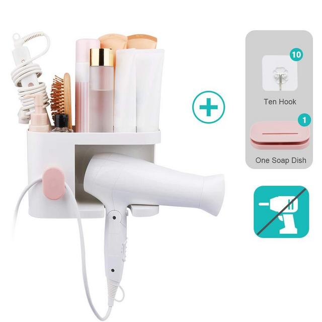 AriTan Wall Mounted Hair Dryer Holder Rack, No Drilling Styling Tool Organizer Storage Basket for Bathroom, Give 10 Hooks + 1 Soap Holder