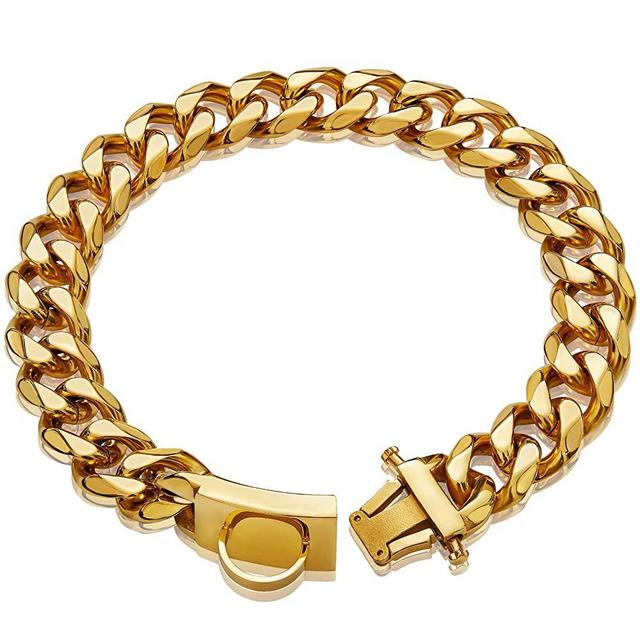 W/W Lifetime Gold Dog Chain Collar Walking Metal Chain Collar with Design Secure Buckle,18K Cuban Link Strong Heavy Duty Chew Proof for Dogs