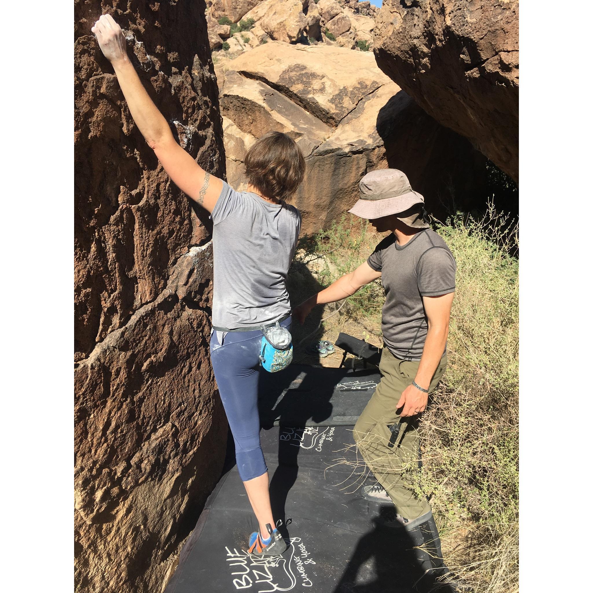 Sue starts her climbing career with a bang, bouldering in Hueco Tanks State Park.