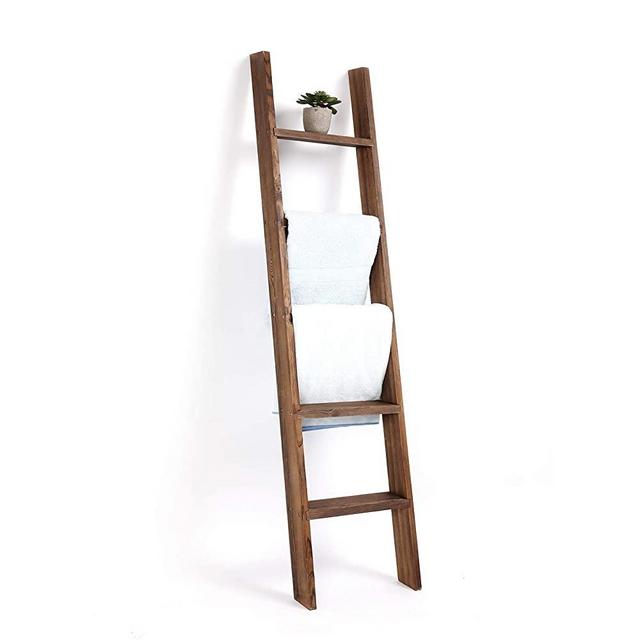 ORAF Wall-Leaning Blanket Ladder, Decorative Wooden Blanket Rack, 5-Tier Rustic Ladder Bathroom Shelf Stand, 4.8ft Farmhouse Blanket Holder Rack, Assembly Required, Brown