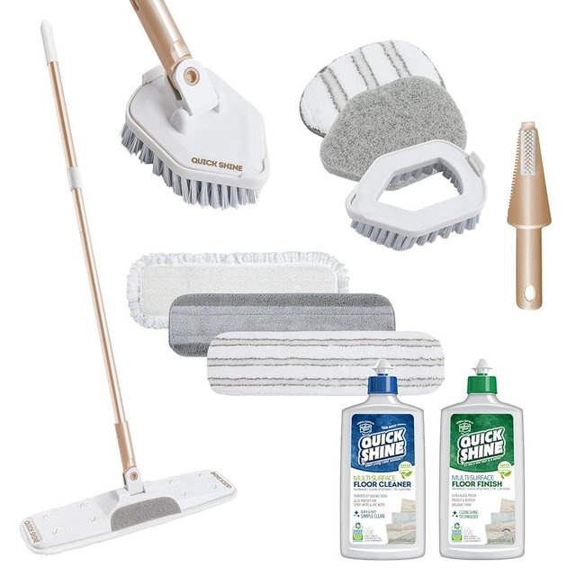 Quick Shine Ultimate Gold Clean + Polish Mop Kit | All-in-One 11 Pc Kit w/Interchangeable Attachments | Cleaner & Polish Included | No Batteries Needed | All Floors Pro Cleaning System | 2-in-1 Mop