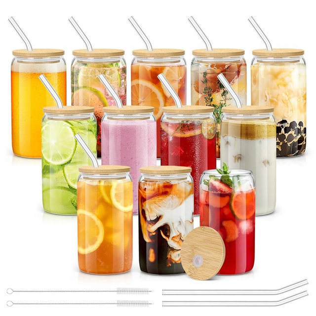 sungwoo 12PCS Glass Cups with Bamboo Lids and Straws, 16OZ Ice Coffee Cup, Drinking Cup set with Wooden Lids, Home Essential Glass Tumblers for Beer, Cocktail, Tea and Latte Clear