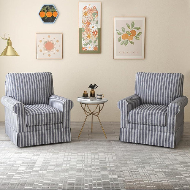INZOY Swivel Accent Chair Set of 2, Mid Century Modern Reading Chair, Upholstered Swivel Square Chair for Living Room Bedroom Small Spaces, Fully Assembled, Blue Stripe