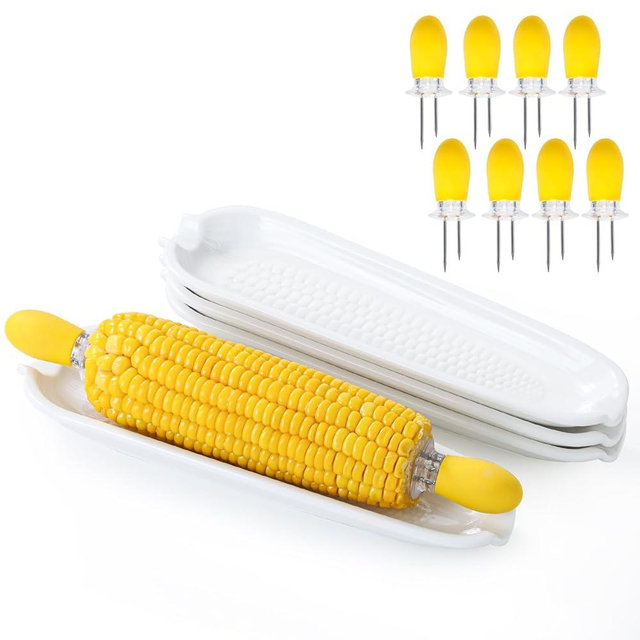 Taeochiy Ceramic Corn Cob Holders 9.6" Corn on the Cob Dishes Set of 4 Corn Cob Dishes with 8 Corn Cob Holders Non-Slip Bottom Microwave Dishwasher Oven Safe White