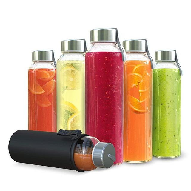 Chef's Star Glass Water Bottles - 6 Pack of Glass Bottles with Caps - 18 oz Juice Bottles- Protection Sleeve Included - Featuring Stainless Steel Leak-Proof Lids with Carrying Strap