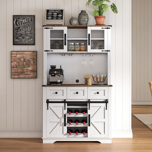 DM Furniture Coffee Bar Cabinet with Sliding Barn Doors 71'' Farmhouse Pantry Cabinet with Drawers & Wine Glass Rack Rustic Buffet Cabinet for Kitchen, White and Brown