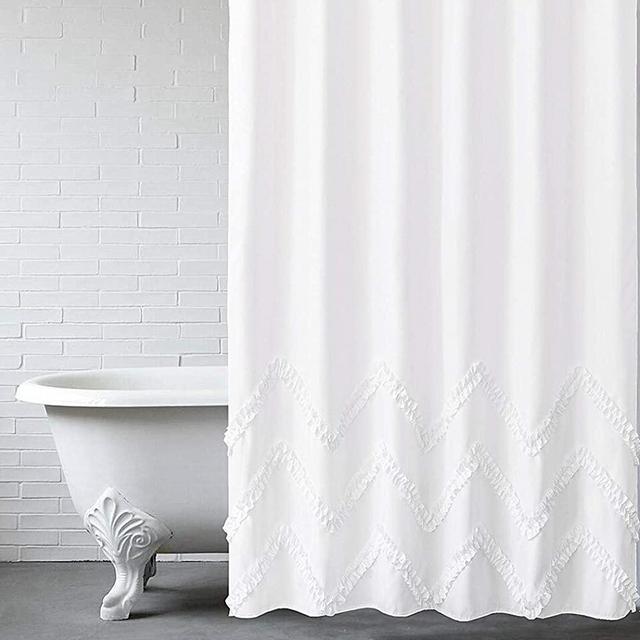 Felisa White Ruffle Shower Curtain with Zig-zag Stripes of Ruffled Trim,Farmhouse Chic Fabric Shower Curtain for Bathroom,Machine Washable,72"x72"