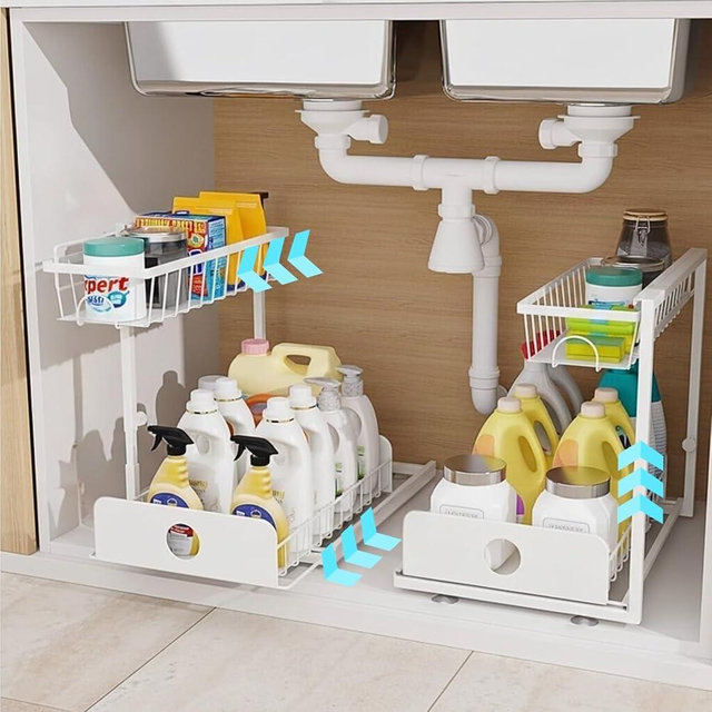 JeySec Under Sink Organizer, 2 Pack, 2 Tier Pull Out Sliding Shelf, Adjustable Height, Heavy Duty, Cabinet Organizer for Kitchen Bathroom, Tool-Free Install White