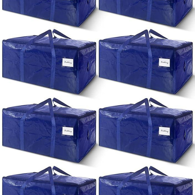 8 Pack Extra Heavy Duty Large Moving Bags with Strong Zipper & Carrying Handles, Sturdy Clothes Storage Bags Totes Bins, Packing Bag Move Boxes College Moving Supplies, Dark Blue - 24 gal