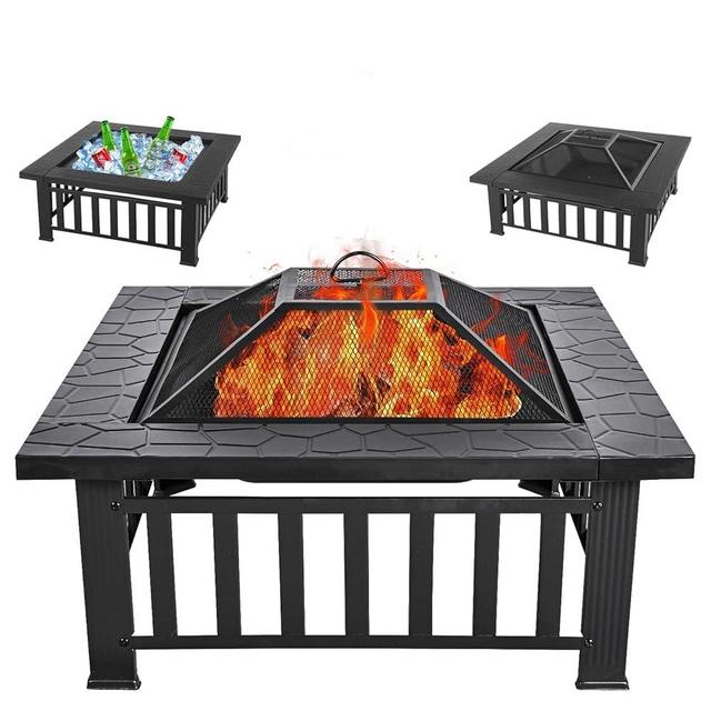 Panovue Multifunctional Fire Pit Table 32 inch Square Metal Firepit Stove Backyard Patio Garden Fireplace for Camping, Outdoor Heating, Bonfire and Picnic