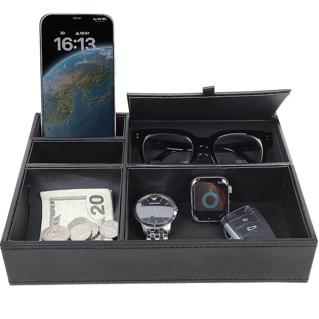 Zcaukya Men's Valet Tray, Jewelry Box Nightstand Organizer with 5 Compartments for Phone Keys Wallet Watch Glasses, Faux Leather Dresser Entryway Catchall Holder for Father's Day Gift (Black)