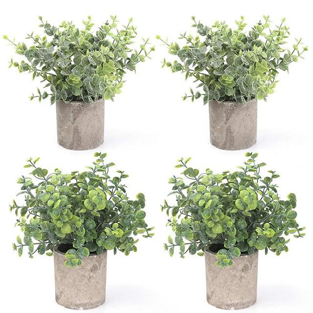 BOMAROLAN 4 Pcs Mini Potted Plastic Artificial Green Plants, Fake Topiary Shrubs Fake Plant, Small Faux Greenery, for Bathroom Home Office Desk Decorations (Eucalyptus Leaves)