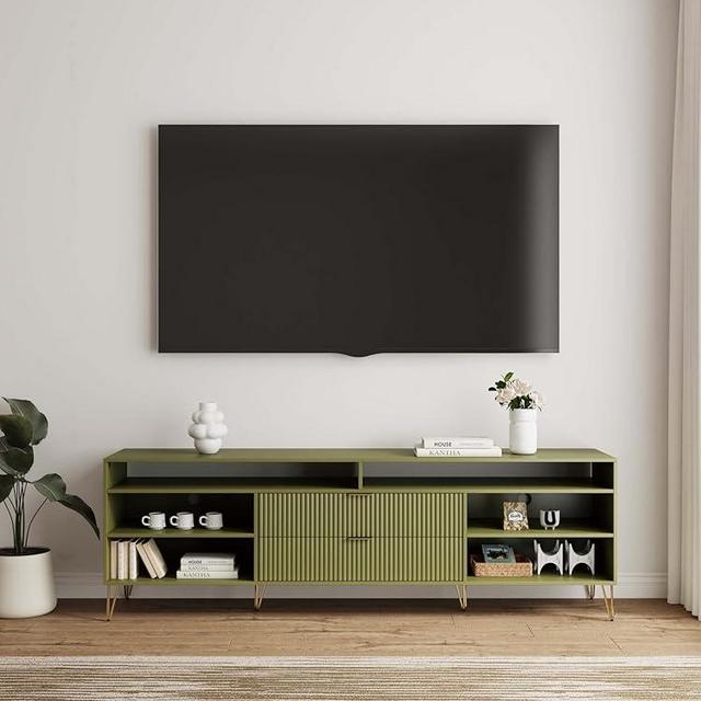 Manhattan Comfort Dumbo Mid Century Modern TV Stand for Televisions up to 80 Inches, Home Entertainment Center with Storage, 6 Shelves, 2 Drawers, No Tool Assembly, 85" Wide, Olive Green