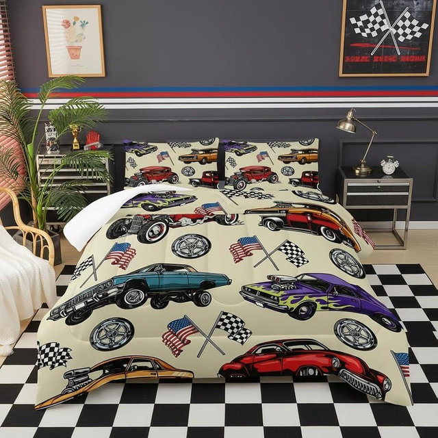 lneffble Race Car Comforter Set Queen for Boys, Vintage Race Car Queen Size Bedding, Soft American Flag Comforter, Cars Themed Bedroom Decor,Ideal for Race Car Lovers