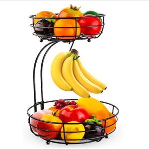 Auledio Iron 2-Tier Countertop Fruit Vegetables Basket Bowl Storage With Banana Hanger, Black, 64 ounces
