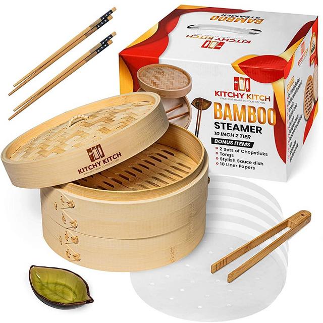 Bamboo Steamer 10 inch 2 tier Basket for Chinese Dumpling - Asian Bao Bun, Momo, Vegetables, Dim Sum, Seafood and healthy cooking.