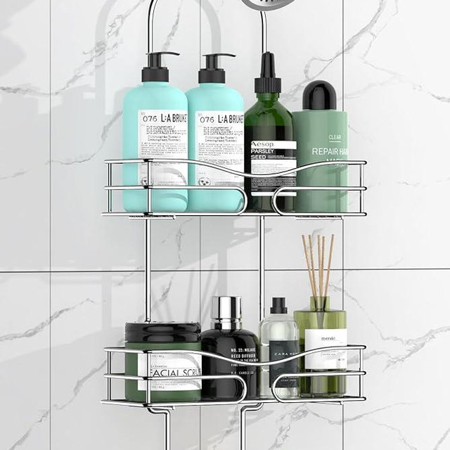 DAOYA Shower Caddy - Shower Organizer with 6 Hooks for Razor&Sponge - Shower Shelf with Soap Basket - Hanging Shower Storage, With Self-Adhesive Pad, Silver