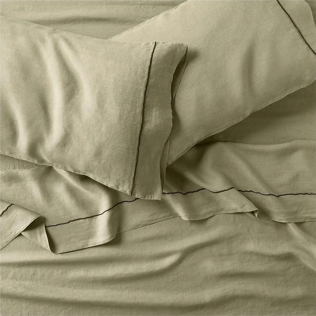 Hemp Merrow Stitch Garden Green Queen Bed Sheet Set