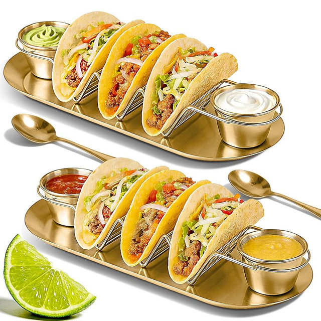 EAZTTOUZ Stainless Steel Taco Holder Tray Set of 2, Taco Rack Holds 3 Tacos Each with Serving Tray, Sauce Cups & Spoon, Oven & Dishwasher Safe for Taco Night & Parties (Gold-2 Pack)