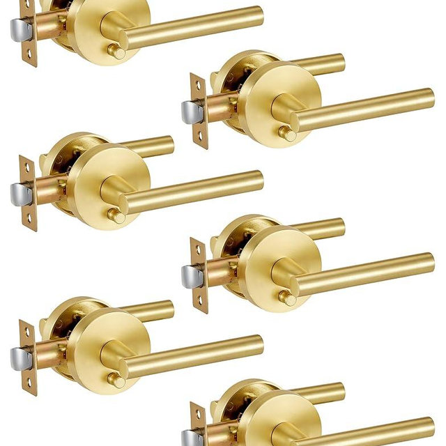Lethato 6 Packs Gold Interior Door Handle, Brushed Gold Door Handles Interior, Heavy Duty Interior Bedroom Lever Door Handle for Bathroom