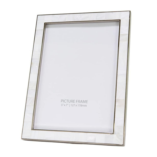 Happy Homewares Beautiful Ivory Mother of Pearl 5 x 7 Picture Frame with Nickel Plated Trim | Black Velvet Backing | Portrait or Landscape | Table or Wall