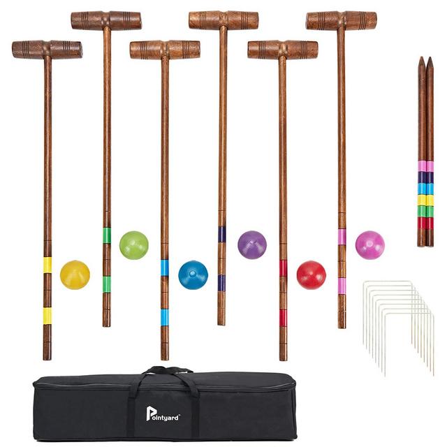 Pointyard 32’’ Six Player Croquet Set, Regulation [Classic Vintage] Croquet Set with Wooden Mallets/Colored Ball/Wickets/Stakes for Adults/Teenagers/Family-Perfect for Lawn/Backyard Game/Park