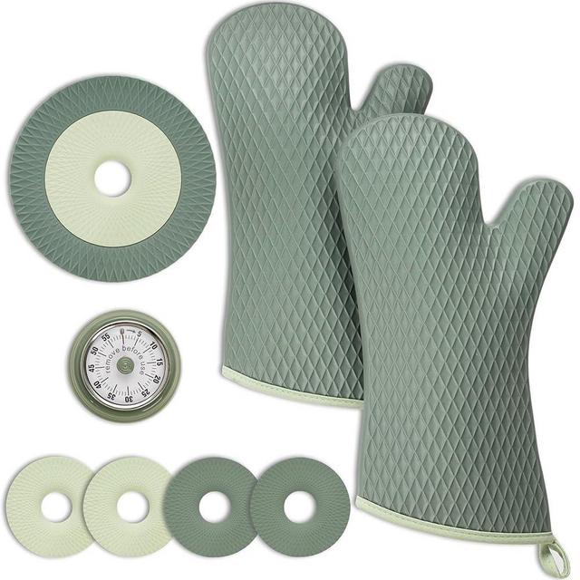Heat Resistant Silicone Oven Mitt and Trivet Set and Timer, Waterproof, BPA-Free - 9 Piece Kitchen Set Eucalyptus Color