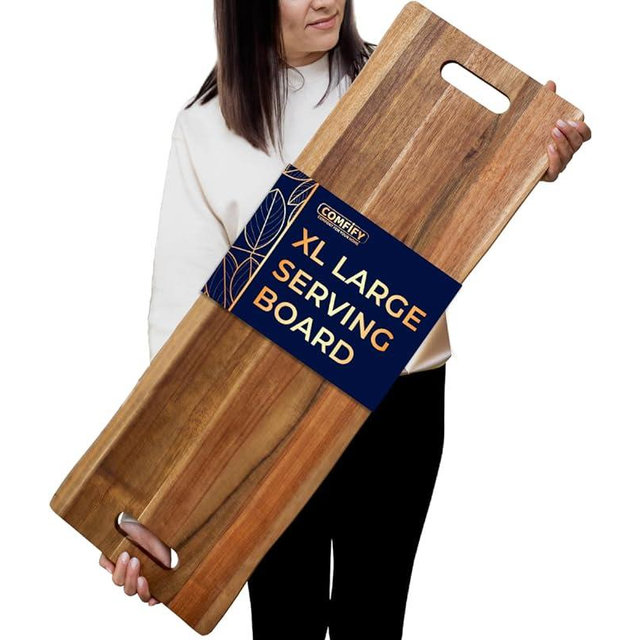 Extra Large (35") Acacia Wood Charcuterie Serving Board - Premium Wood Grain - Gourmet Meals, Cheese Platters, Appetizers, Dining Table, Kitchen, Patio, BBQ - Serve Chic, Feel Elegant with Comfify