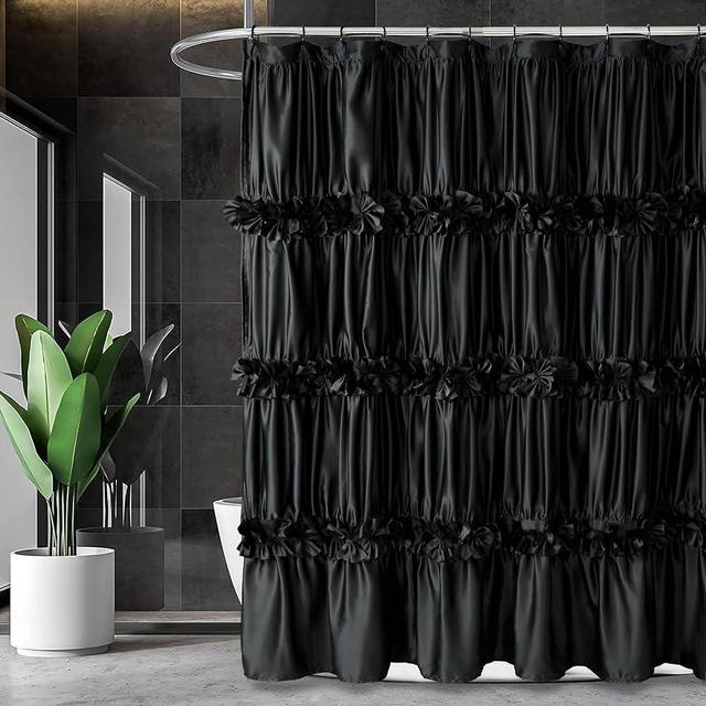 Homechoice Decor Black Ruffle Shower Curtain, Vintage Handcrafted Bow Tie Bath Curtain for Master Bathroom, Ruched Satin Bathroom Curtain with 12 Buttonholes, 72" W x 72" H (LQ-10)