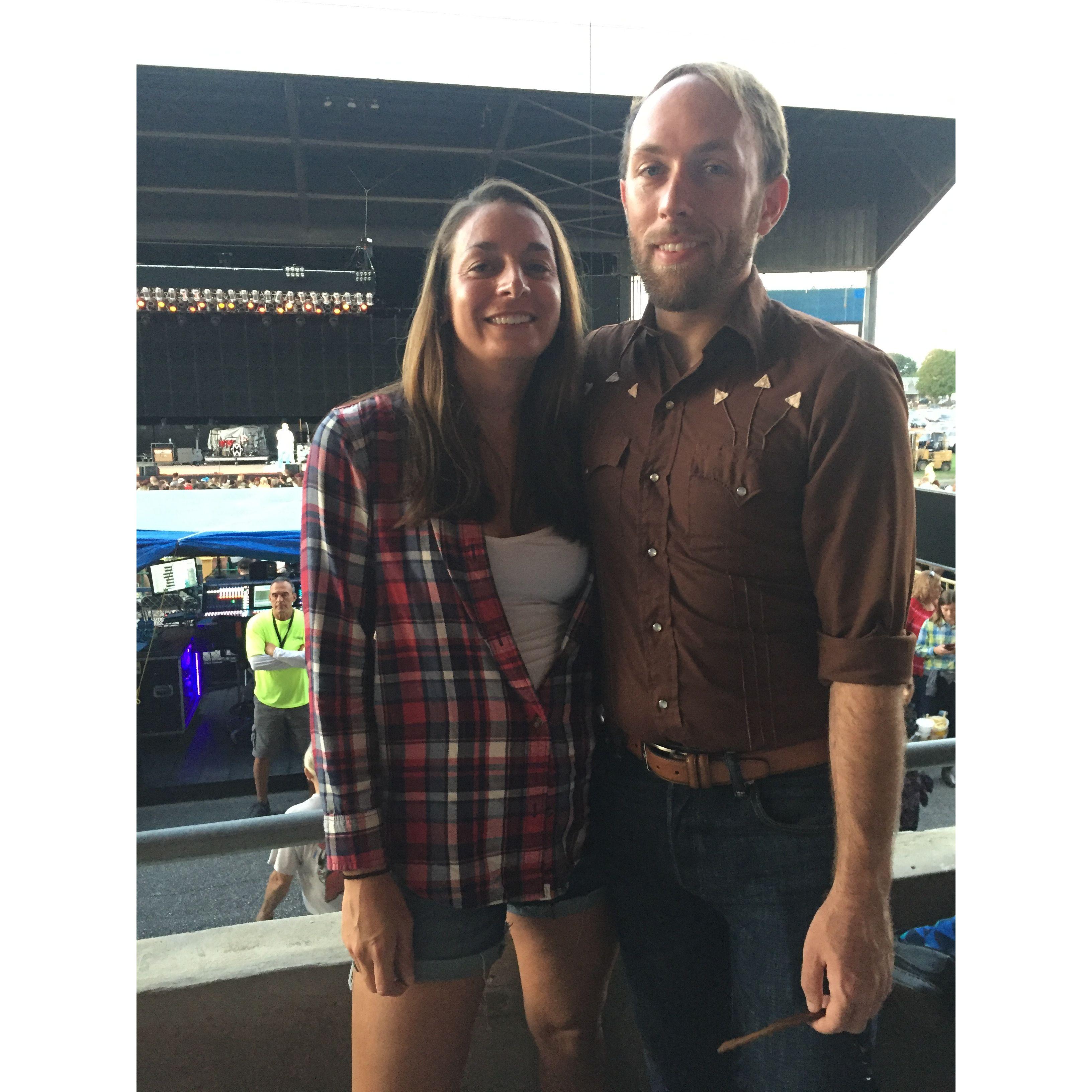Courtney made Blake go to a country concert, Thomas Rhett, at the State Fair. Blake dressed the part, wearing one of his dad's old western shirts.