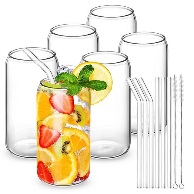 Drinking Glasses with Glass Straw 6 Set, 16oz Beer Glasses Can Shaped Glass Cups, Tumbler Cup, Iced Coffee Glasses, Ideal for Whiskey, Soda, Tea, Great Gift + 2 Cleaning Brushes