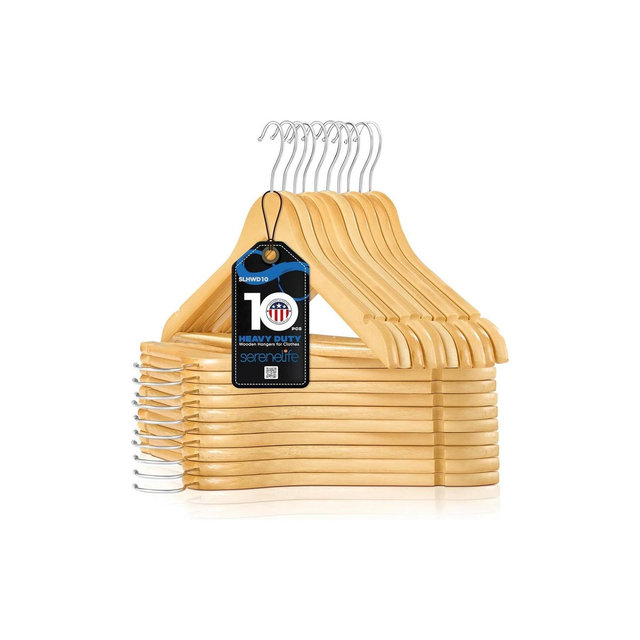 SereneLife 10pk Solid Wood Clothes Hangers - Natural Wood