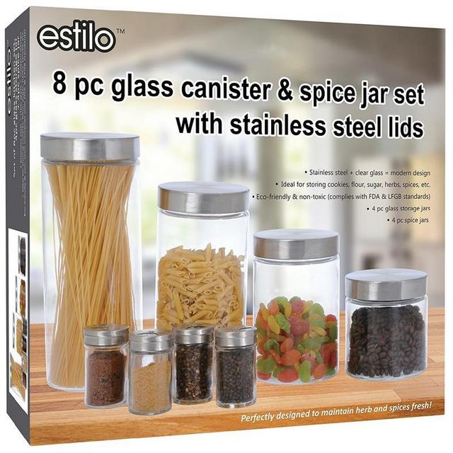 Estilo 8 Piece Glass Canisters And Spice Jar Set With Stainless Steel Screw On Lids