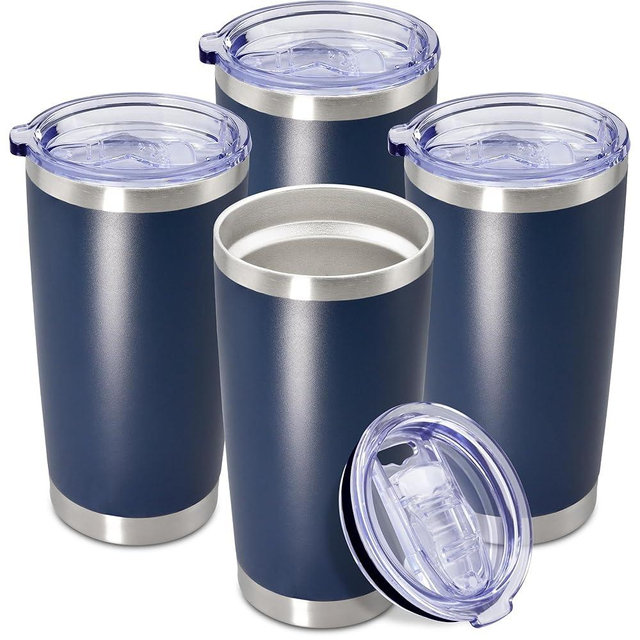 20 oz Tumbler Coffee Travel Tumblers Bulk with Lid Stainless Steel Double Wall Vacuum Insulated Mug Powder Coated Cups fit Car Cupholder for Hot and Cold - Navy, 4Pack