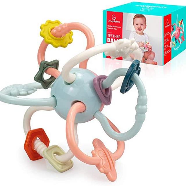 ANGELBLISS Baby Rattle and Sensory Teether Toy, Baby Teething Toys Textured Surface to Massage Gums Perfect for Teething with Doubule Sounding, Attractive Animal Design (0-24 Months)