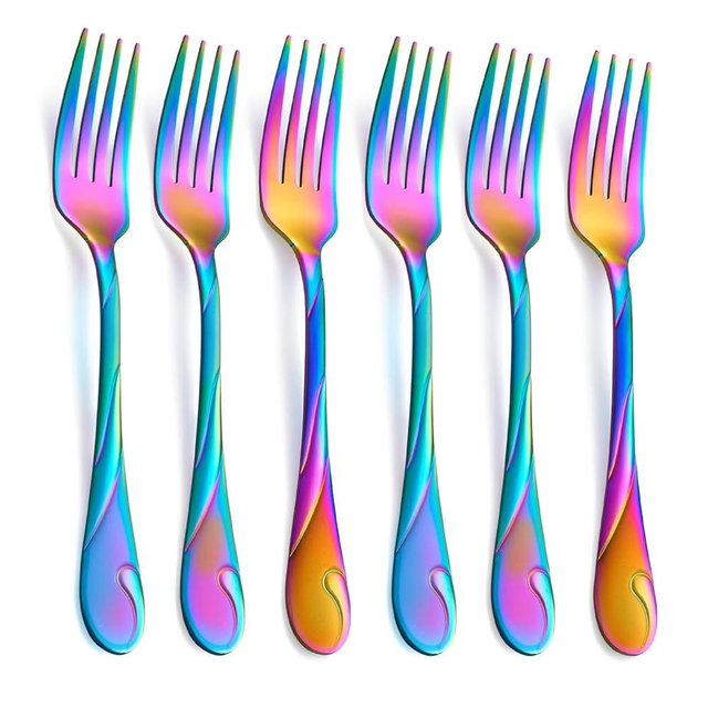 Seeshine Rainbow Dinner Fork Set, 7.8-inch Stainless Steel Flatware Forks, Shiny Rainbow Metal Table Forks Silverware, Set of 6