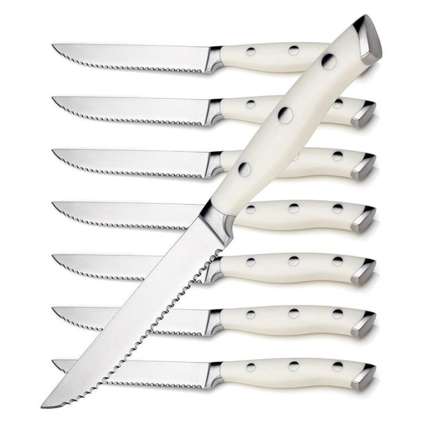 Alata 8-Piece White Steak Knives Set, Stainless Steel Steak Knife set with Serrated Edge, Razor-Sharp, Full-Tang Construction