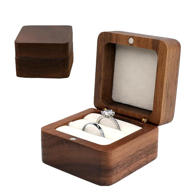 JYCMMFC Ring Box, Wooden Ring Box Mini Engagement Ring Holder Box with 2 Slots, Square Wedding Ring Box for Ring, Elegant and Retro Ring Holder Box for Wedding, Ceremony (White Velvet Lining)