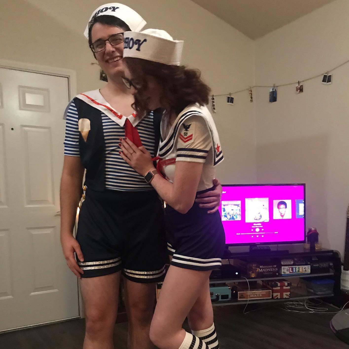 Halloween 2019 when I bought myself an off-brand costume and bought Cameron an on-brand costume that turned out to be a women's costume. He wore it anyways. 10/10