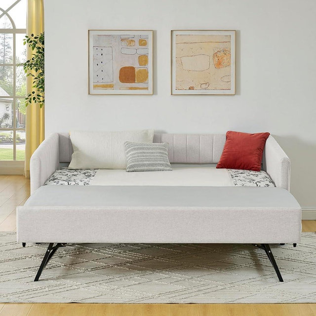 KEIKI Twin Size Upholstery Daybed with Erectable Trundle and Vertical Stripes, Twin to King Design Extendable Linen Sofa Bed, Easy Assembly, No Box Spring Required, for Living Room and Bedroom, Beige
