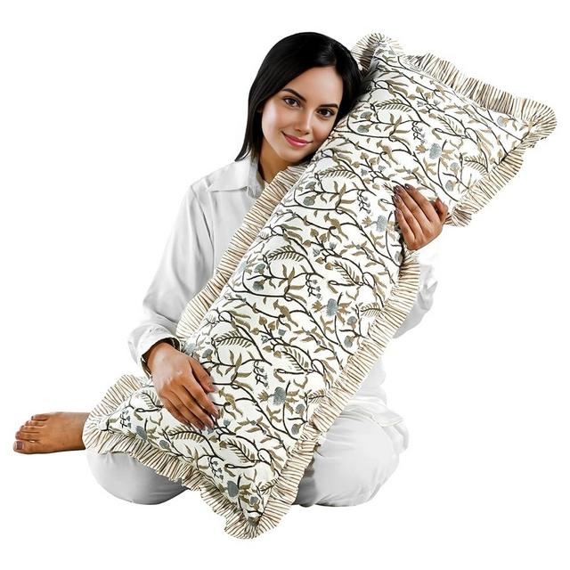 CPC Cocoa Vine Hand Block Print 100% Cotton Ruffle Throw Pillow Cover 14x36 inch with Hidden Zipper Decorative for Couch, Bed, Sofa, Farmhouse, Cottagecore Decor Gift Christmas Fall Thanksgiving