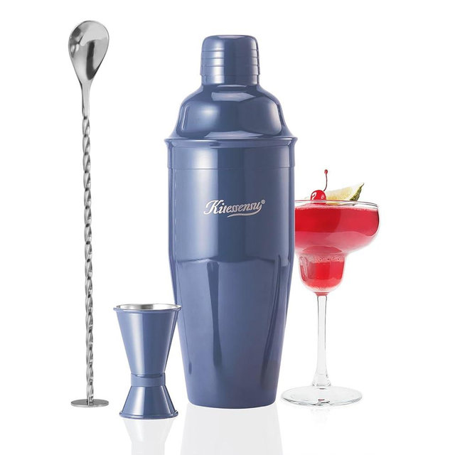 KITESSENSU Cocktail Shaker Set, Stainless Steel Martini Shaker with Bartender Strainer, Measuring Jigger, Bar Mixing Spoon, Cocktail Recipe Included, Navy